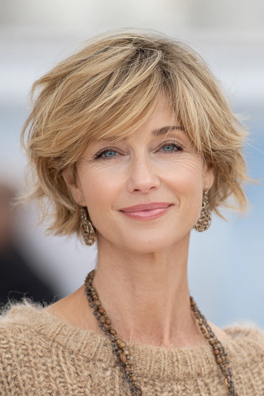 7. Gefiederter mittlerer Schnitt in sanftem Sandblond (kurze mittellange Frisuren für Frauen über 50) – Kurze mittellange Frisuren für Frauen über 50
