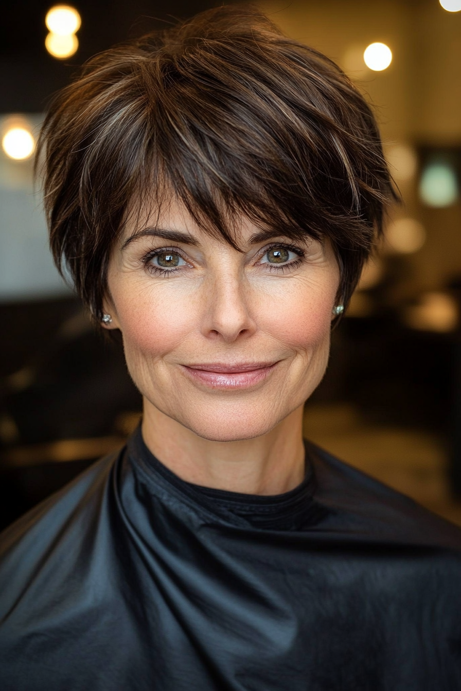 7. Französisch inspirierte Ernte in tiefen Brünetten (kurze freche Haarschnitte für ältere Frauen) - kurze freche Haarschnitte für ältere Frauen