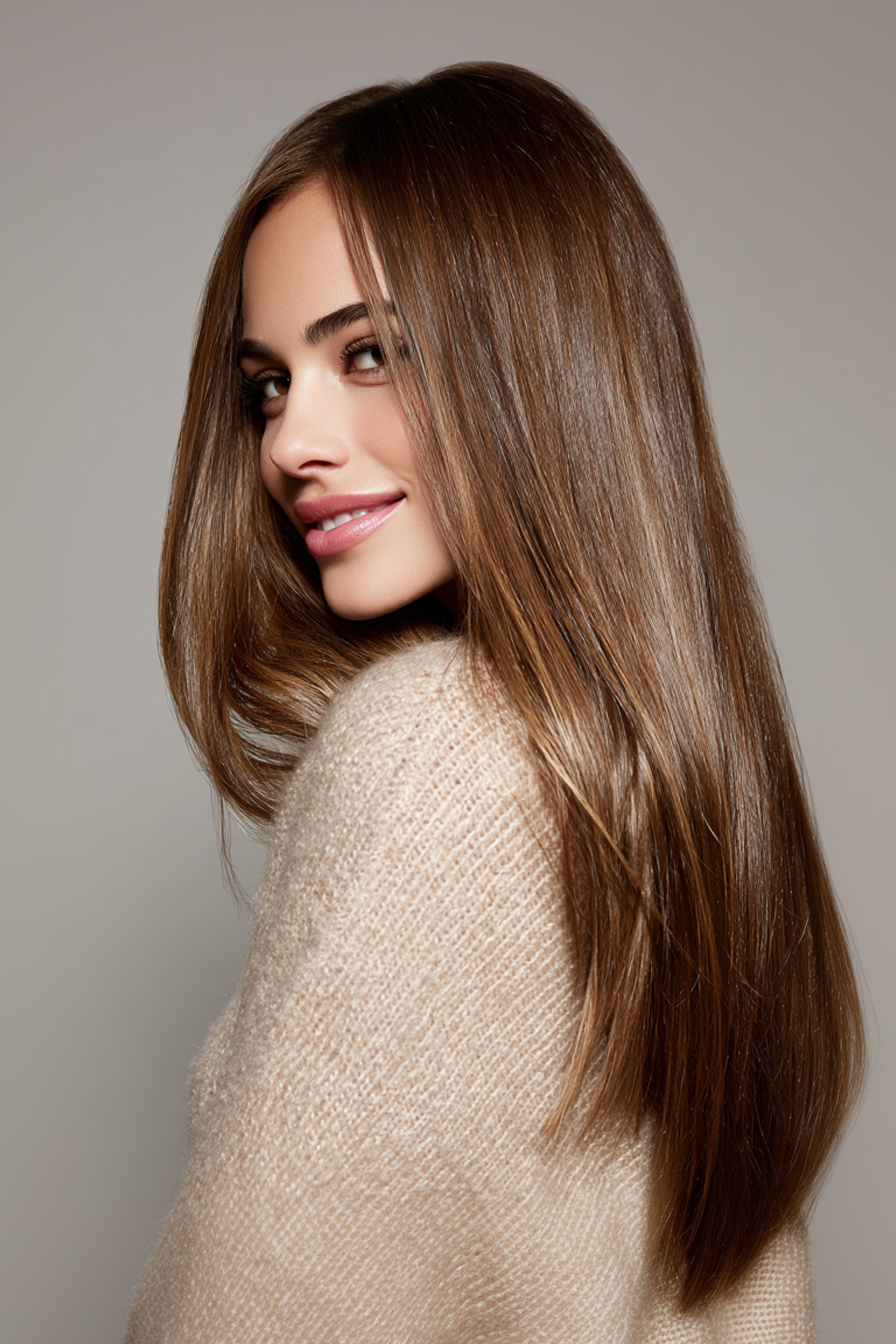 7. Hochglänzende lange geraden geschnitten in Espressobraun (lange Haarschnitte für ovales Gesicht) - lange Haarschnitte für ovales Gesicht