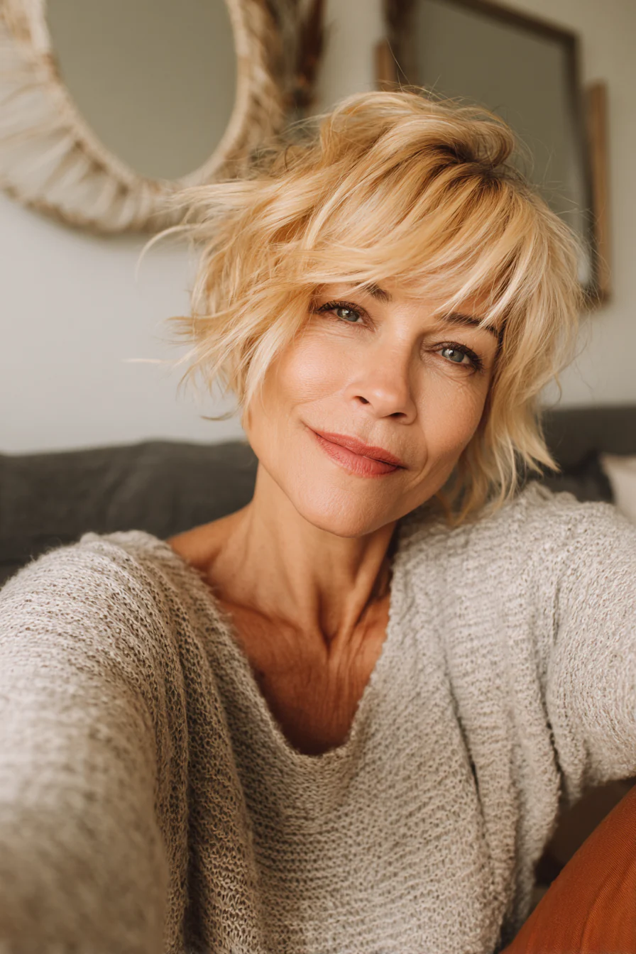 7. Golden Blonde Shaggy Crop (Kurzhaarfrisuren für Frauen über 50 mit dickem Haar) – Kurze Frisuren für Frauen über 50 mit dickem Haar