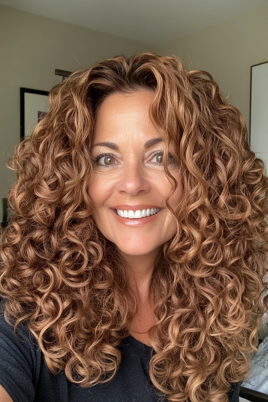 7. Golden Brown Bouncy Locken (lockige Frisuren für Frauen über 40) - lockige Frisuren für Frauen über 40