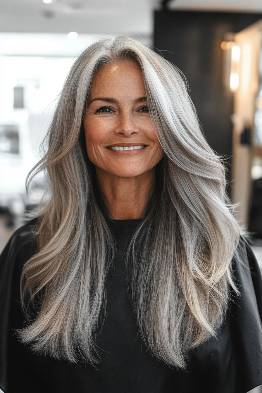 7. graue Ombre -Schichten (lang geschichtete Haarschnitte für ältere Frauen) - lang geschichtete Haarschnitte für ältere Frauen
