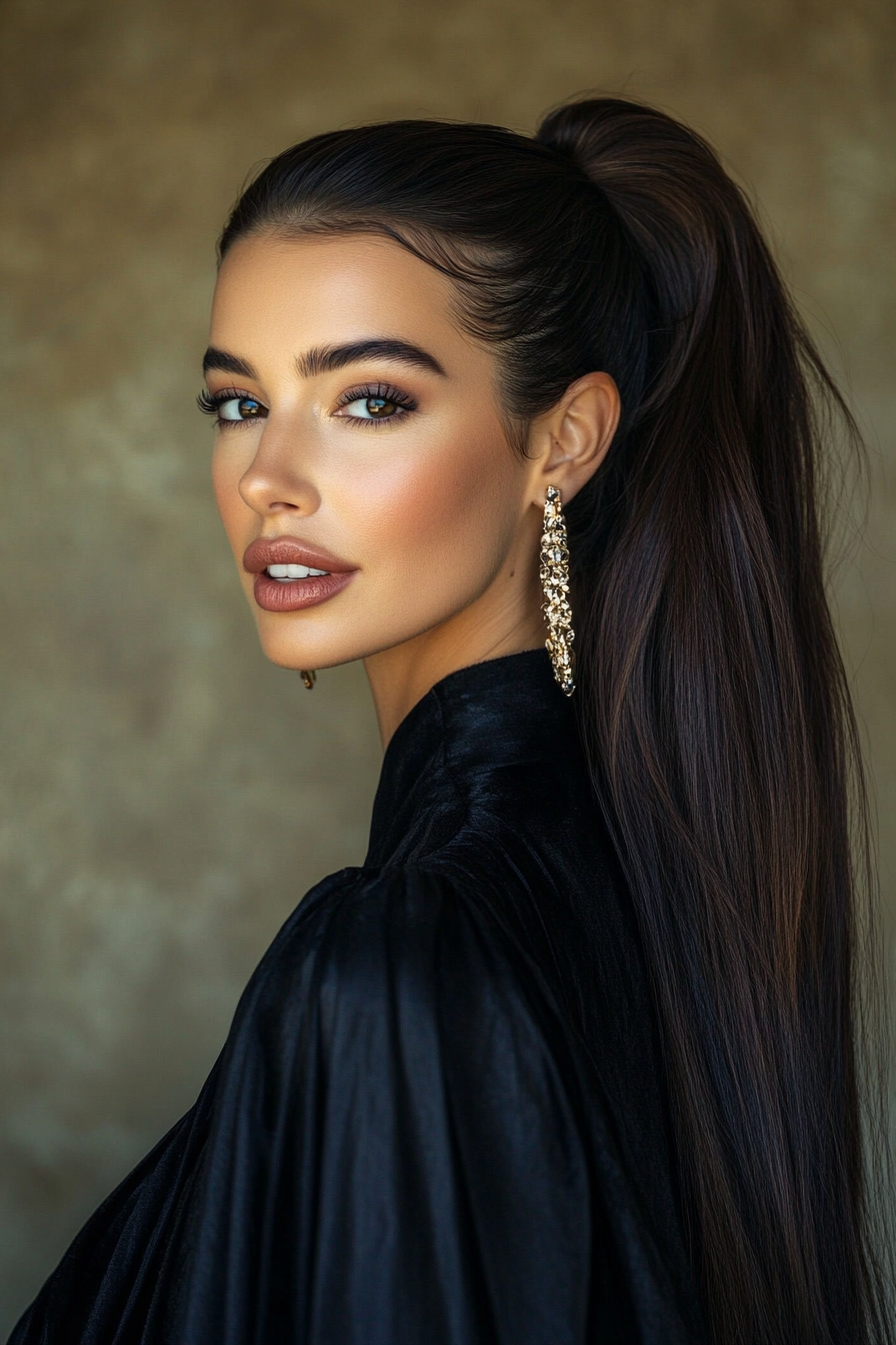 7. Hochvoluminöser Pferdeschwanz mit Espressowurzeln (Pferdeschwanzfrisuren Frauen über 40) - Pferdeschwanzfrisuren Frauen über 40