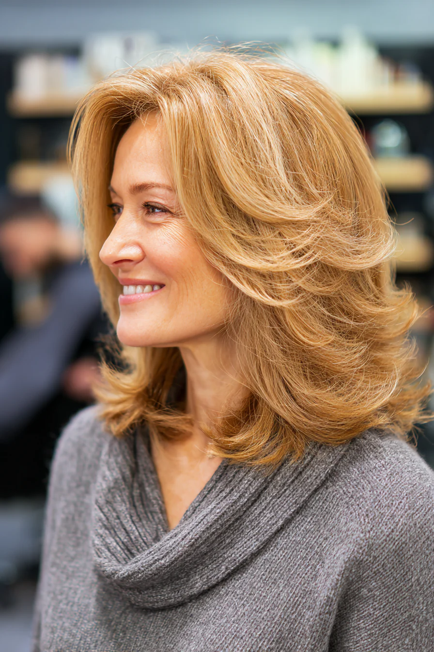 7. Honigblond, geschichtet, mittellang (edle Frisuren für Frauen über 50) – edle Frisuren für Frauen über 50