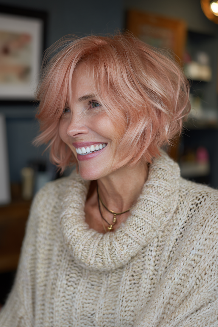 7. Layered Bob mit weicher Roségold (geschichtete Frisuren für ältere Frauen mit feinem Haar) - Geschichtete Frisuren für ältere Frauen mit feinem Haar