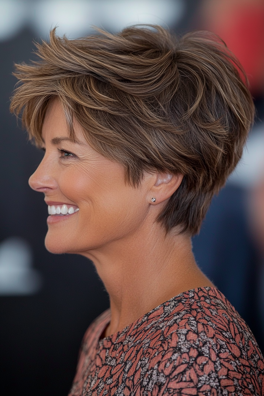 7. Geschichtete Ernte mit gemischten Karamelltönen (kurze Haarschnitte für ältere Frauen mit dickem Haar) - kurze Haarschnitte für ältere Frauen mit dickem Haar