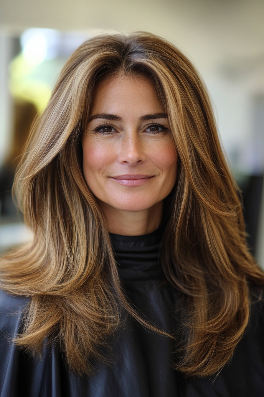 7. Lange Schichten mit goldbraunem Glanz (einfache Haarschnitte für Frauen über 40) - einfache Haarschnitte für Frauen über 40