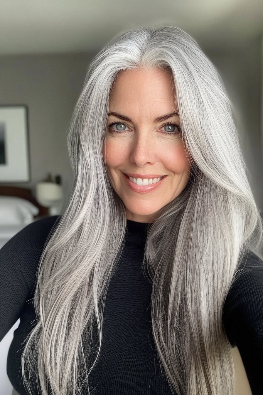 7. Lange Schichten mit natürlichen Silberstreifen (Trendfrisuren für Frauen über 50) - Trendfrisuren für Frauen über 50