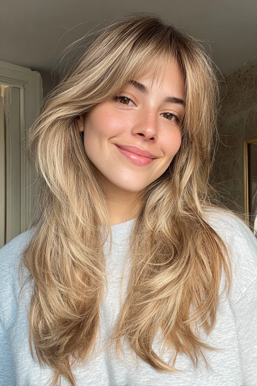 7. Lange romantische Schichten mit honigblonden Curtain Bangs (Curtain Bangs Haircuts) – Curtain Bangs Haircuts