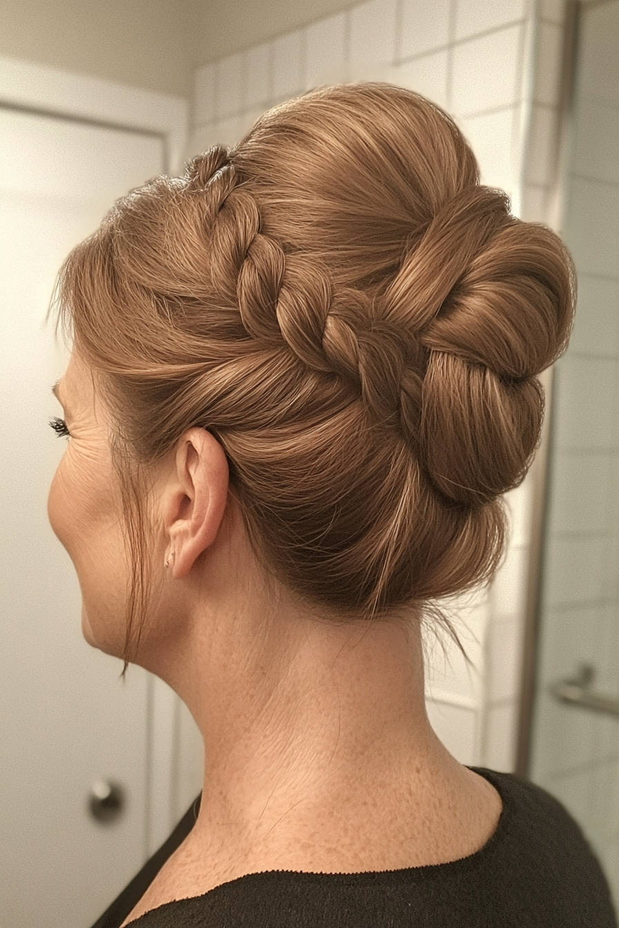 7. Lose geflochtenes Brötchen in weichem Braun (Hochsteckfrisur für Frauen über 50) - Hochsteckfrisuren für Frauen über 50