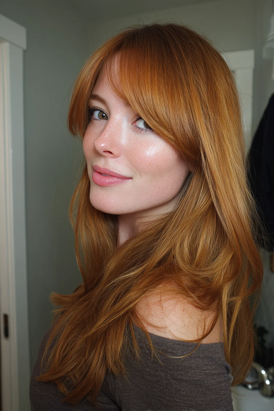 7. Mittlerer Schmetterlingsschnitt mit langem Pony in hellem Auburn (mittellange Frisuren mit Pony) – Mittellange Frisuren mit Pony