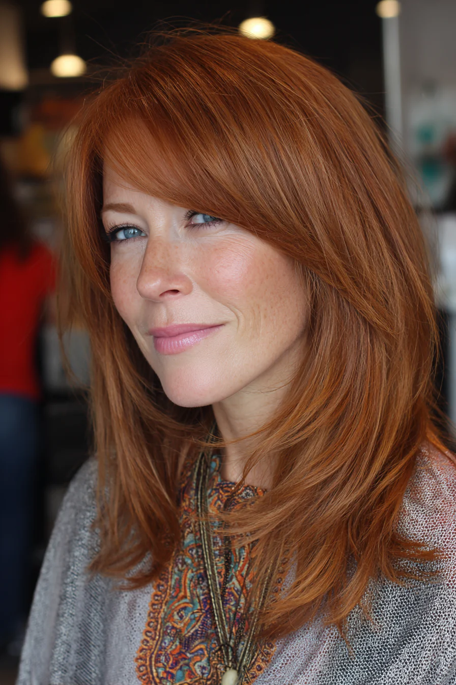 7. Mittlere Kupferschichten mit seitlichem Pony (mittellange geschichtete Haarschnitte) – Mittellange geschichtete Haarschnitte