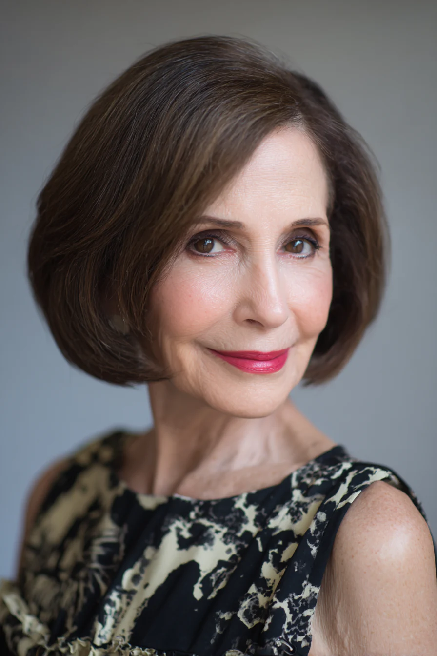 7. Natürlicher, brünettes, abgewinkeltes Bob (edle Frisuren für Frauen über 60) – edle Frisuren für Frauen über 60