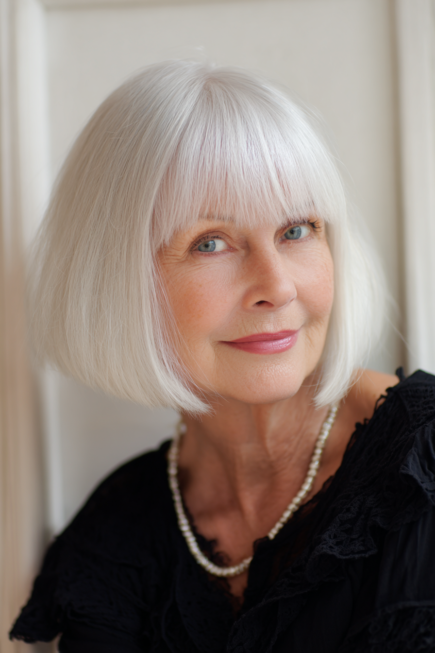 7. Perlweißer, stumpfer Bob (weiße Frisuren für Frauen über 50) – Weiße Frisuren für Frauen über 50