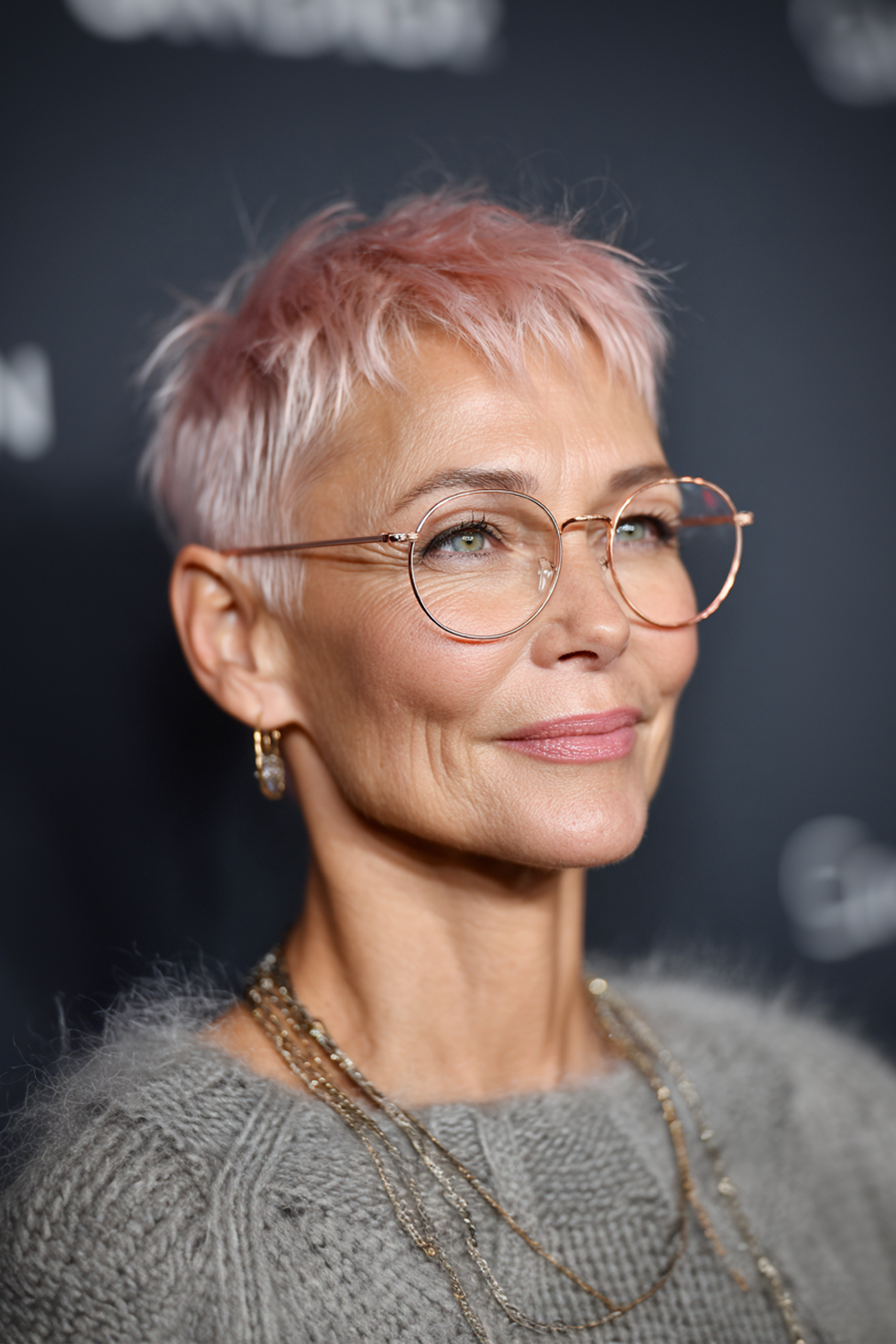 7. Roségold -Beileid (kurze Frisuren für Frauen über 50 mit Brillen) - kurze Frisuren für Frauen über 50 mit Brillen