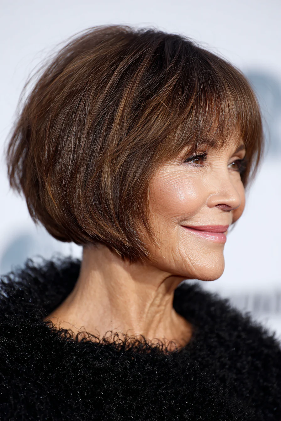 7. Abgerundeter Bob mit gesichtsrahmenden Schichten – Mittelbraun (kurze Frisuren für ältere Frauen mit dickem Haar) – Kurze Frisuren für ältere Frauen mit dickem Haar