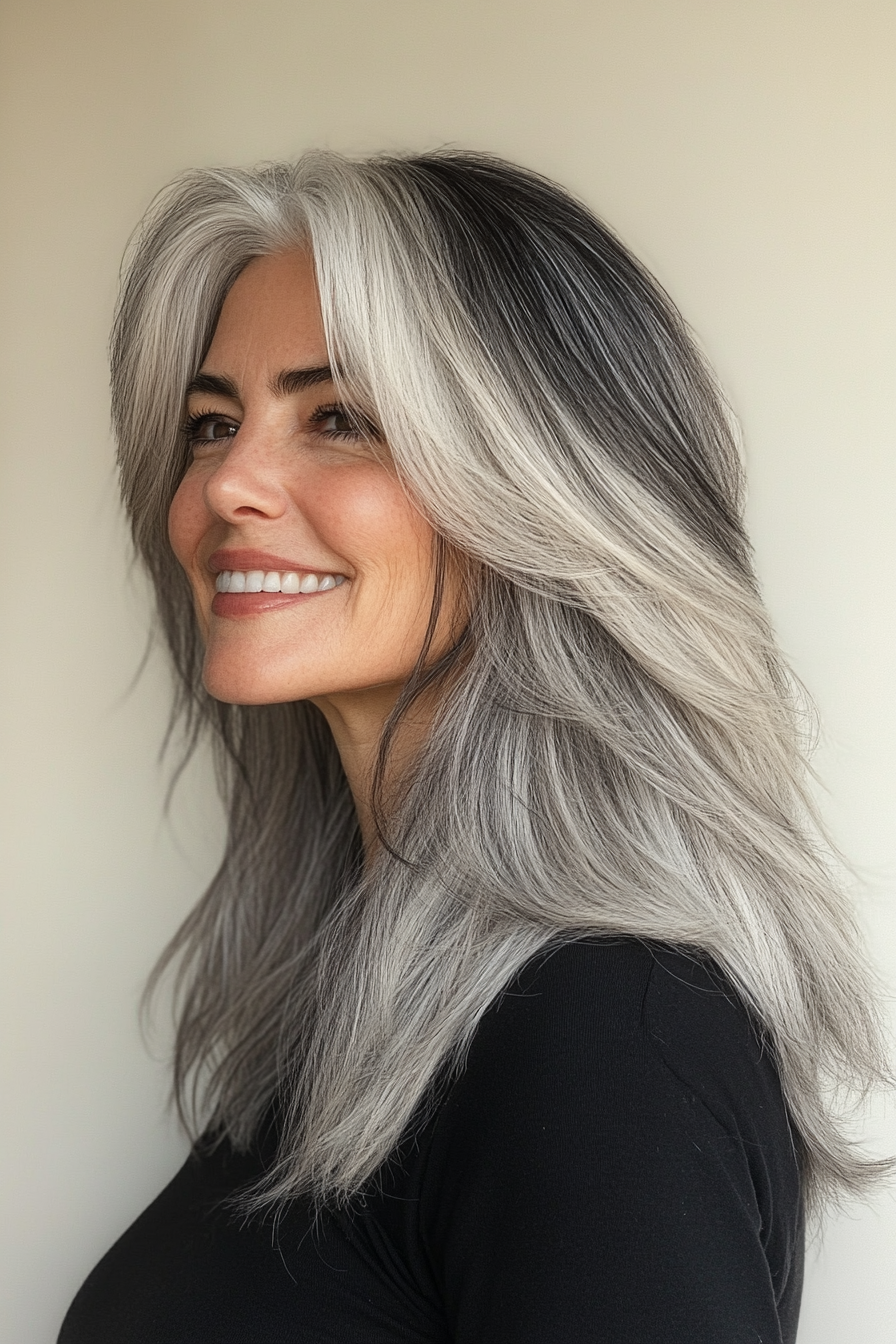 7. Salz und Peterfahrerschicht mit mittlerem Rücken (längere Frisuren für ältere Frauen)-längere Frisuren für ältere Frauen