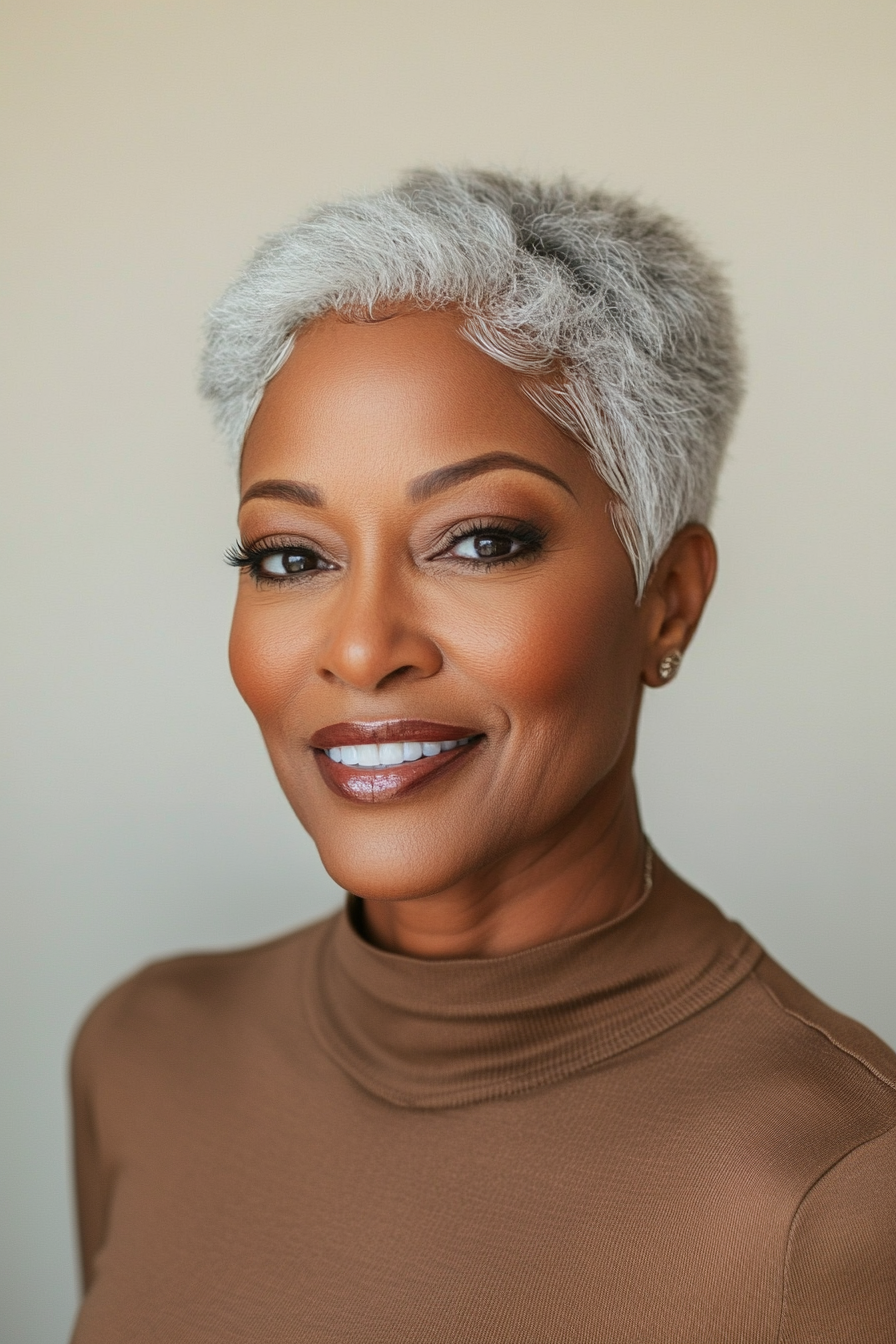 7. Salt-and-Pepper Tapered Pixie (Pixie-Haarschnitte für schwarze Frauen über 60) – Pixie-Haarschnitte für schwarze Frauen über 60