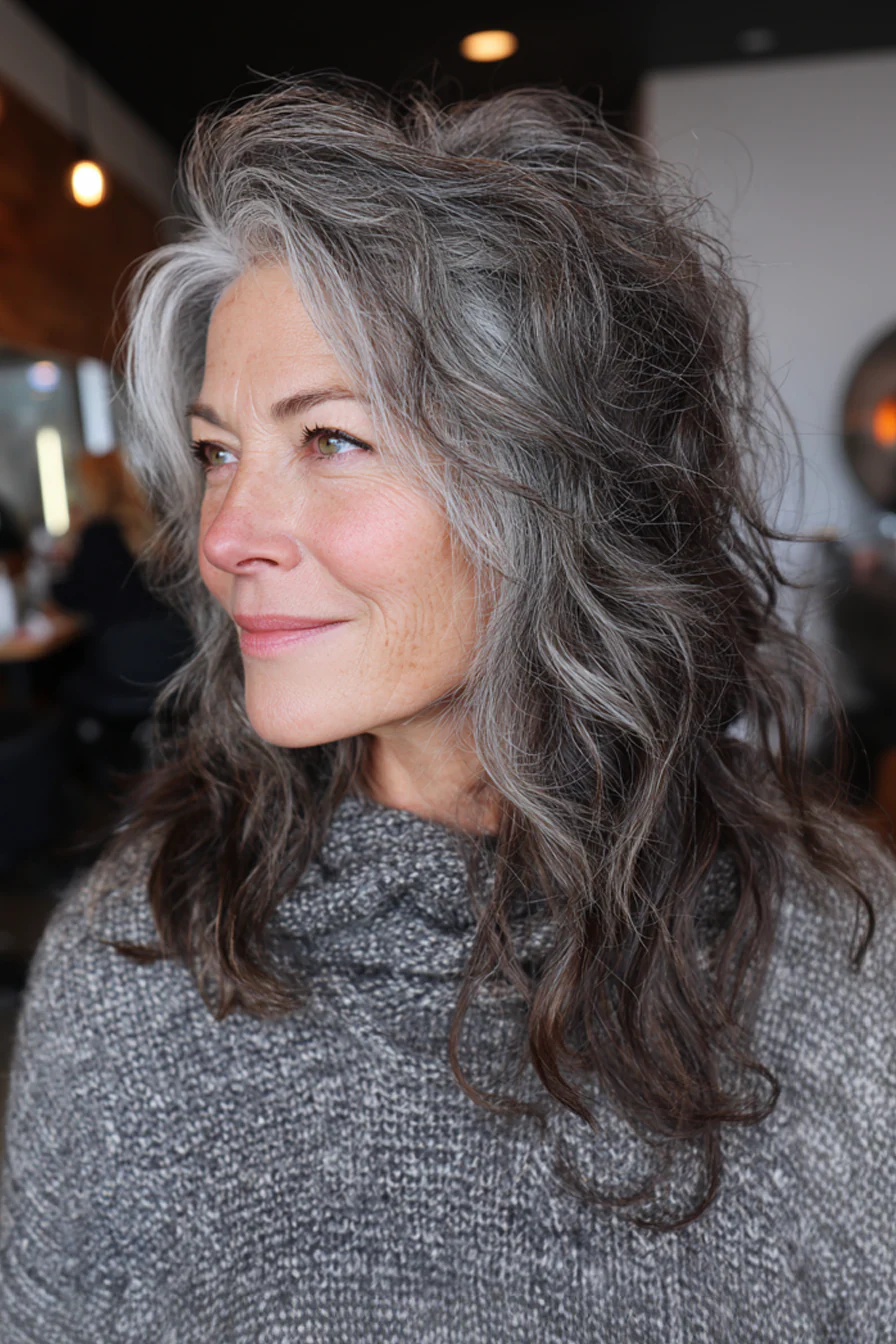 7. Langer Zottel mit Salz-und-Pfeffer-Struktur (lange Zottelfrisuren für ältere Frauen) – Lange Zottelfrisuren für ältere Frauen