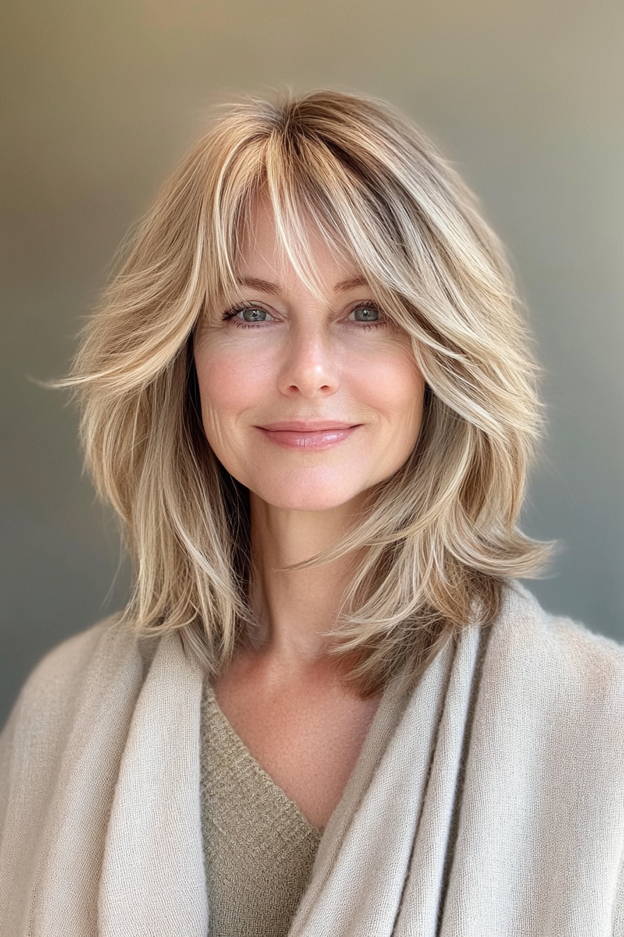 7. Sandy Blonde Layered Lob (Shaggy Layered Frisuren für Frauen über 50) - Shaggy Layered Frisuren für Frauen über 50