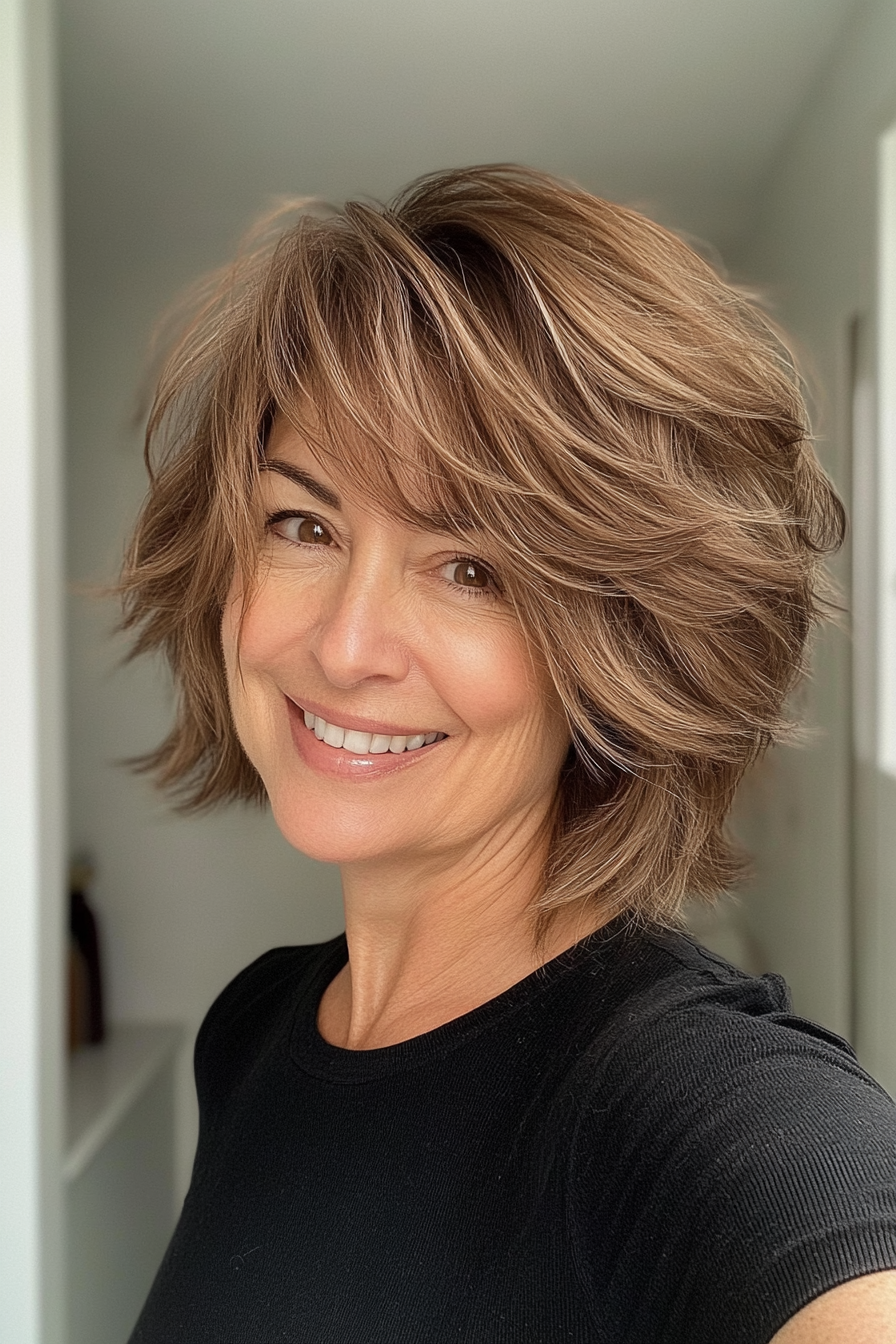 7. Kurzer Mokka -brauner Shag mit Pony (zottelige Frisuren für Frauen über 50) - Shaggy Frisuren für Frauen über 50