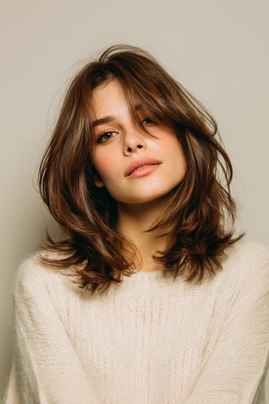 7. Schultertraining mit Vorhang Pony in weicher Kastanien (mittelgroße Haarschnitte für feines Haar) - mittelgroße Haarschnitte für feines Haar