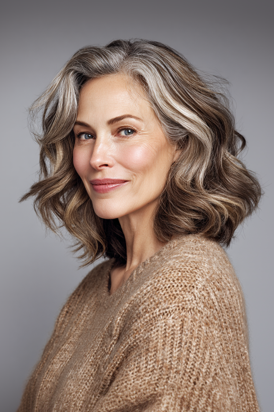 7. Schulterlänge U-Cut mit Karamellbändern (mittelgroße Frisuren für ältere Frauen mit welligem Haar)-mittelgroße Frisuren für ältere Frauen mit welligem Haar