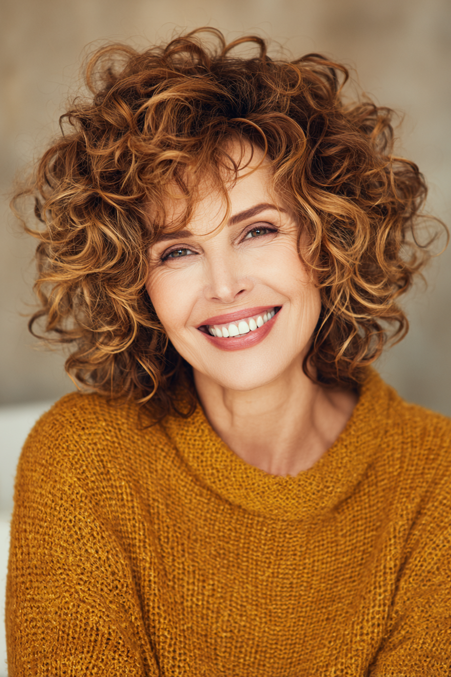 7. schulterkreide lockige Schichten in warmem Toffee (kurze lockige Frisuren für Frauen über 40) - kurze lockige Frisuren für Frauen über 40