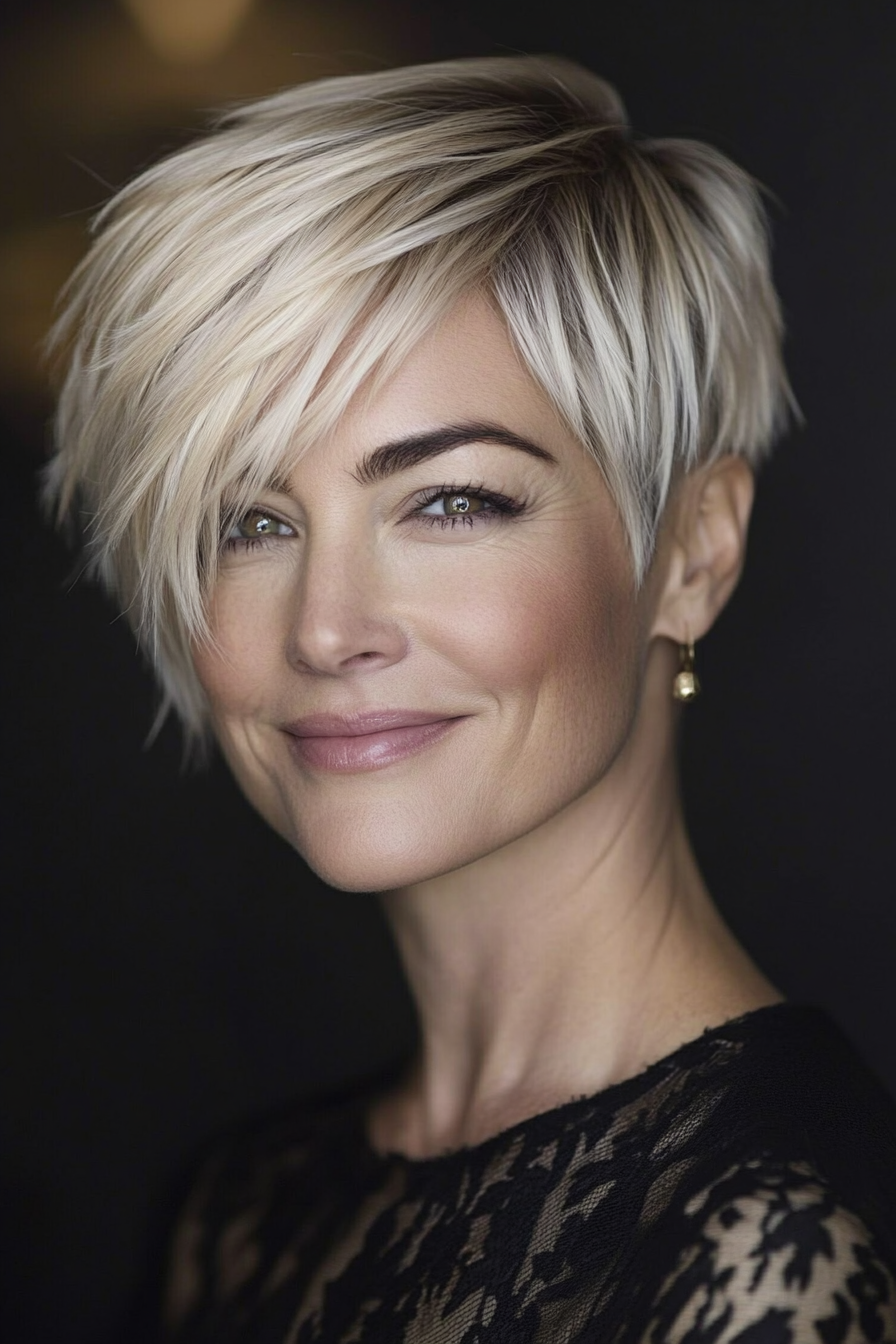 7. Seitenpixie in Ascheblonde (schicke kurze Frisuren für Frauen über 40) - schicke kurze Frisuren für Frauen über 40