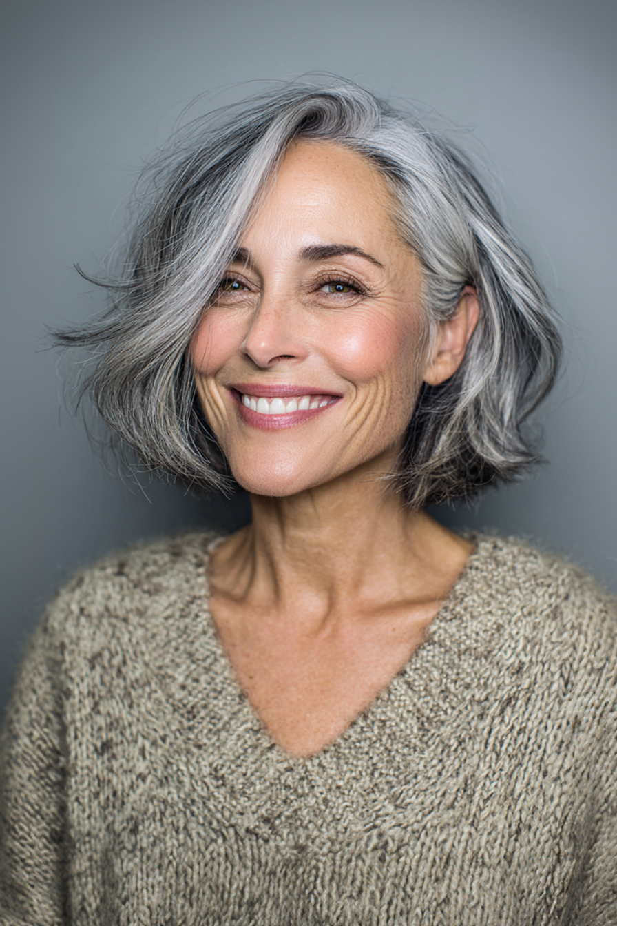 7. Silber Balayage auf geschichtter Bob (schicke Frisuren für Frauen über 50 mit grauem Haar) - schicke Frisuren für Frauen über 50 mit grauen Haaren