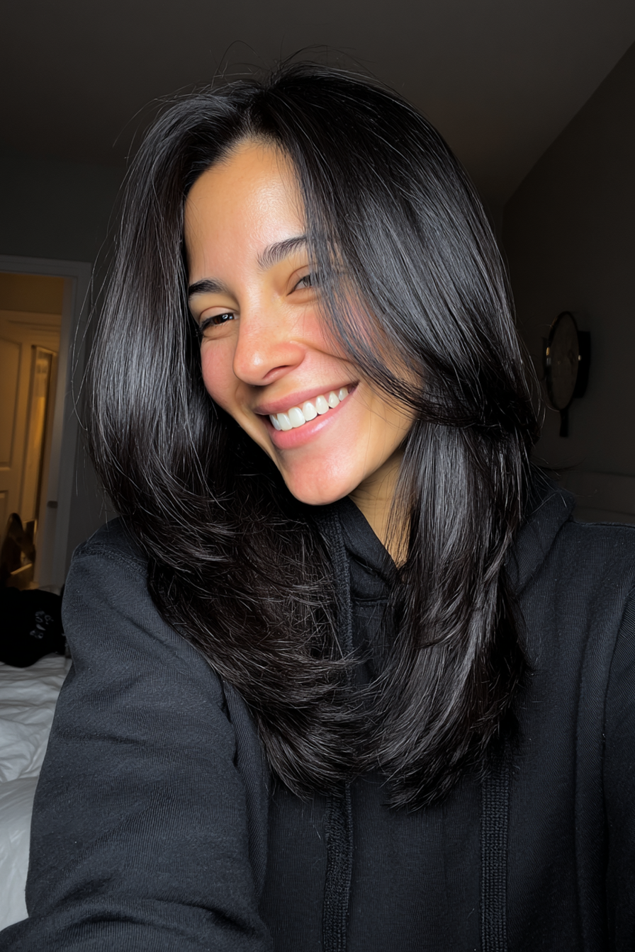 7. Schlanke Schichten mit jagen schwarzem Glanz (mittelgroße geschichtete Frisuren für Frauen über 40) - mit mittlere Länge geschichtete Frisuren für Frauen über 40