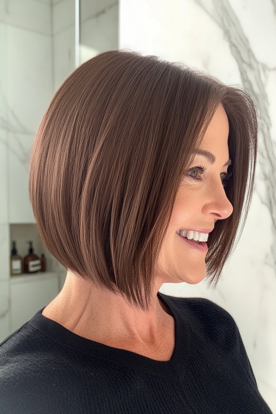 7. Glatter, walnussbrauner, kinnlanger Bob (Brünette Frisuren für Frauen über 50) – Brünette Frisuren für Frauen über 50