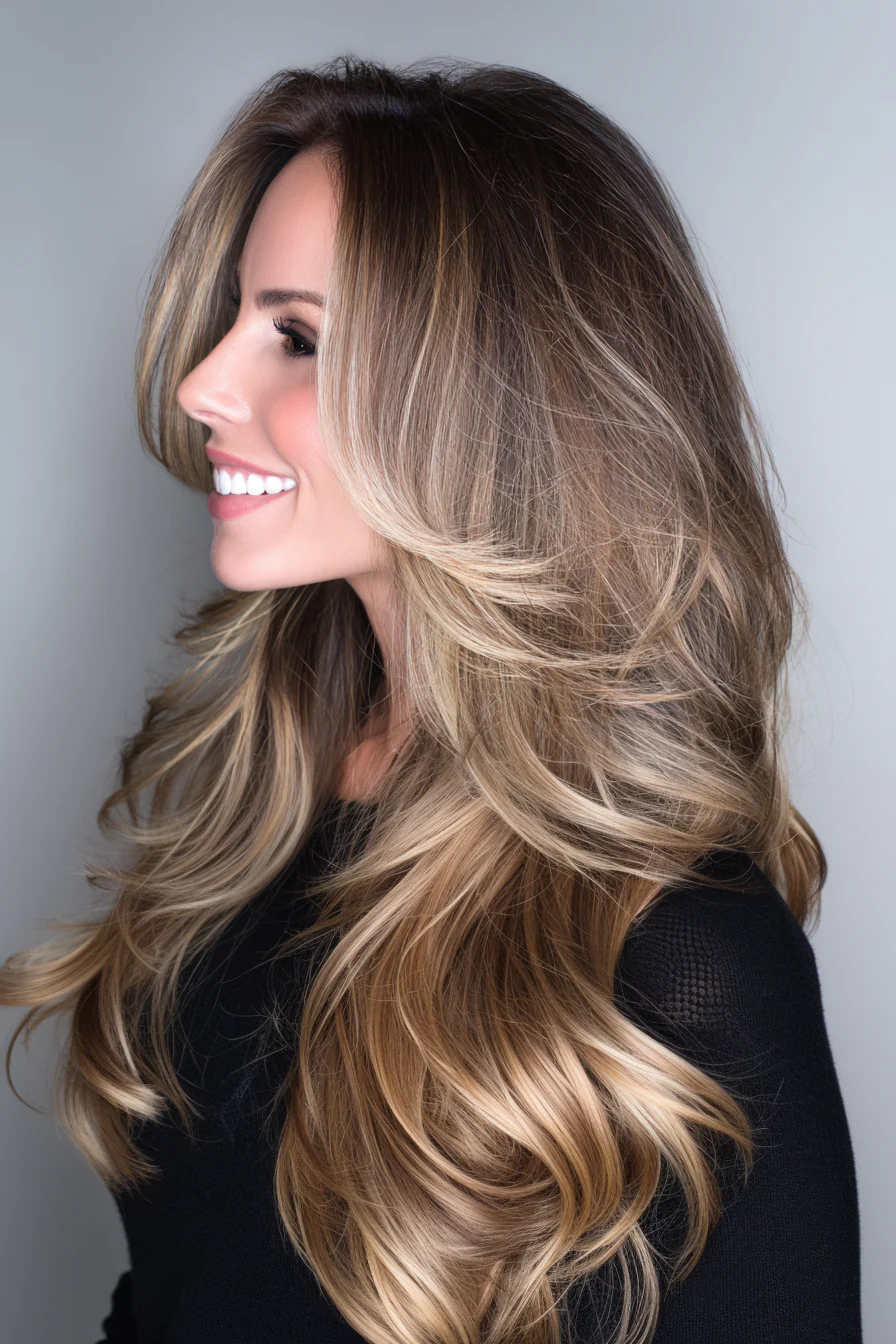 7. Rauchige dunkelblonde Kaskadenschichten (Haarschnitte für langes Haar) – Haarschnitte für langes Haar