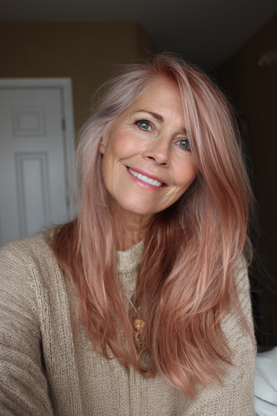 7. Weiche, verjüngte Enden mit Rosengold (längere Haarschnitte für ältere Frauen) - längere Haarschnitte für ältere Frauen