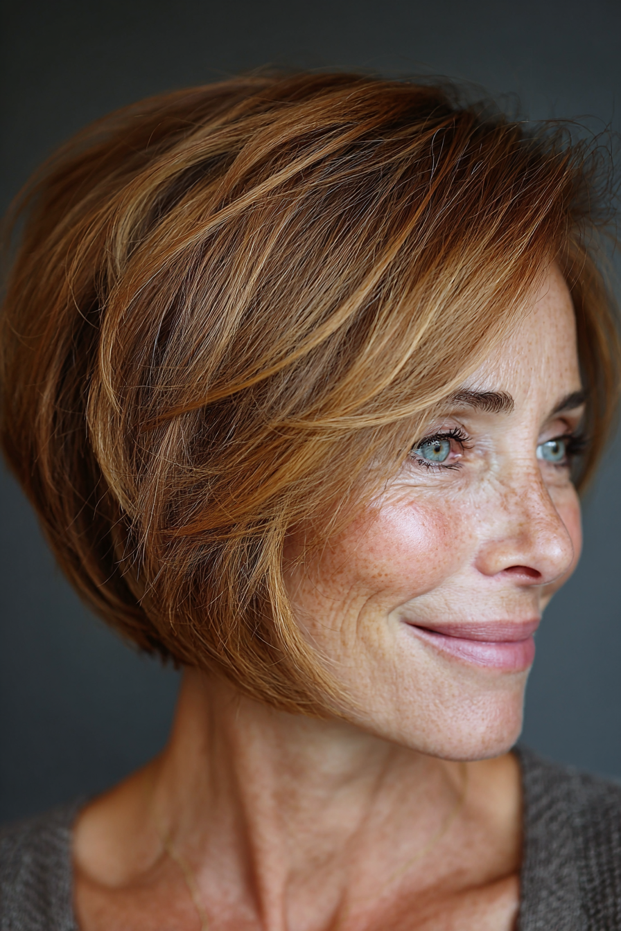 7. Gestapelter Bob in warmem Karamellbraun (Kurzhaarschnitte für dünner werdendes Haar für Frauen über 50) – Kurzhaarschnitte für dünner werdendes Haar für Frauen über 50