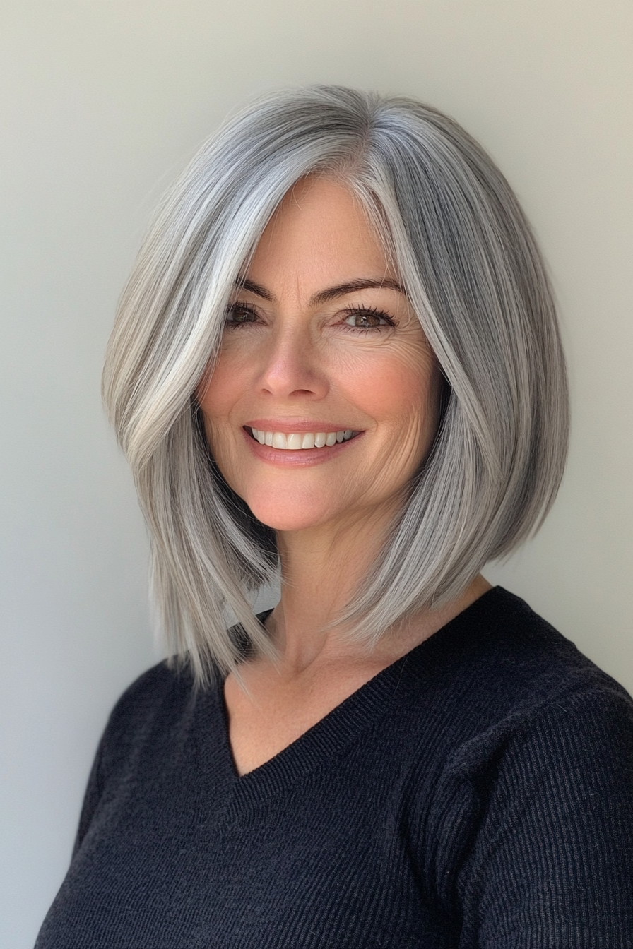 7. Stahlgrau Asymmetrische Bob (kantige Frisuren für Frauen über 60) - kantige Frisuren für Frauen über 60