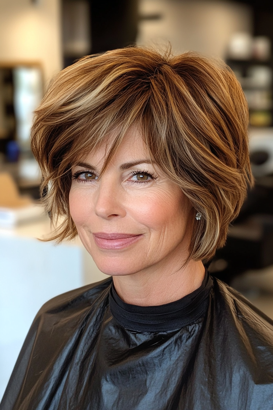 7. Verjüngter Schnitt mit seitlich versiegten Pony in Honigbraun (Hüftfrisuren für Frauen über 50) - Hüftfrisuren für Frauen über 50