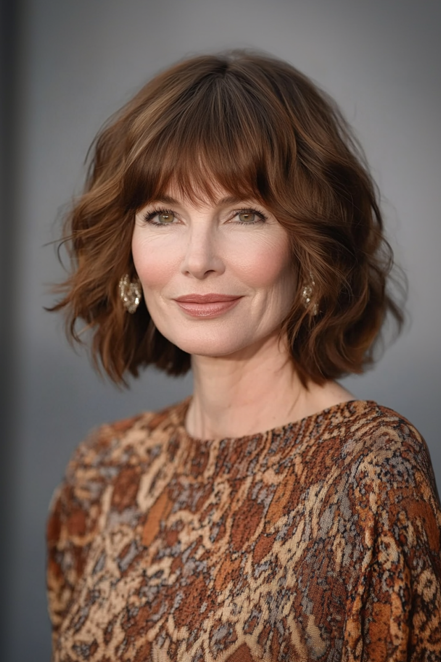 7. Strukturierter Bob mit abgehackten Pony in Mahagoni Brown (Haarschnitte für Frauen über 60 mit Pony) - Haarschnitte für Frauen über 60 mit Pony