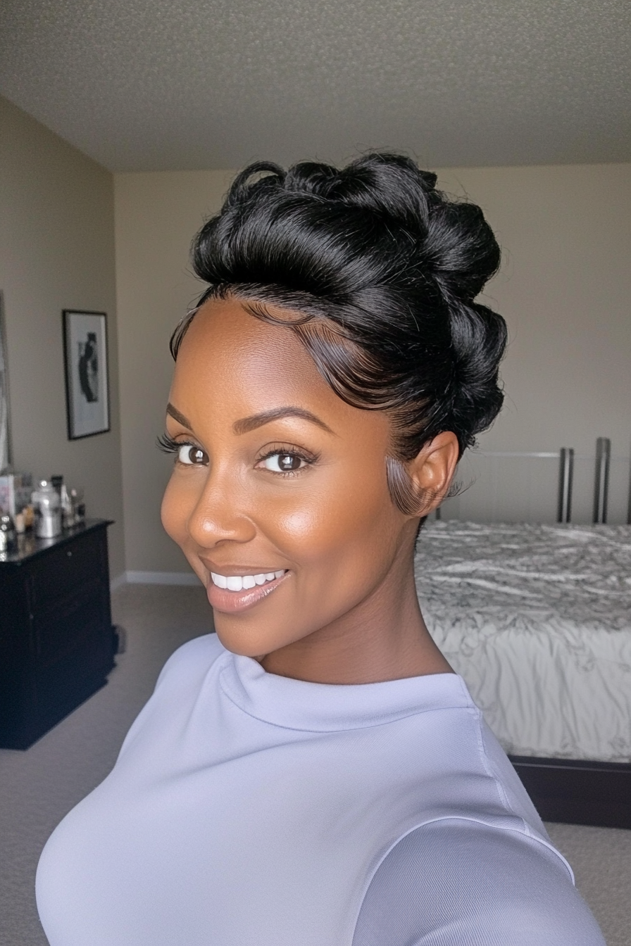 7. Voluminous Crown Hochsteckfrisur in klassischen Schwarz (Hochsteckfrisur für Frauen über 40) - Hochsteckfrisur für Frauen über 40