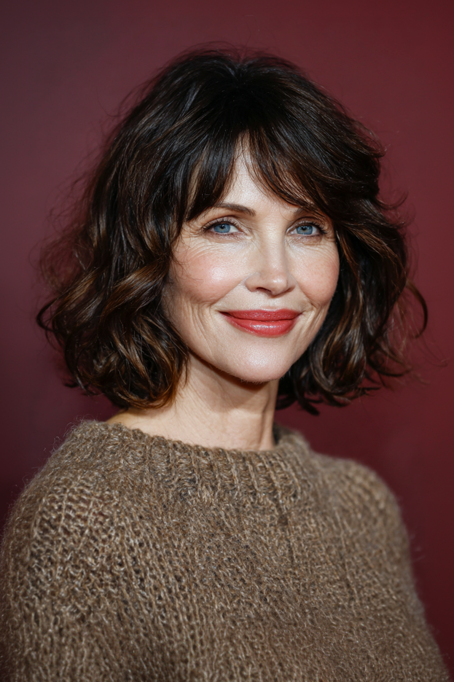 7. Wellenbrunette Lob mit Seitenknall (kurze Frisuren für Frauen über 50 mit welligen Haaren) - kurze Frisuren für Frauen über 50 mit welligen Haaren