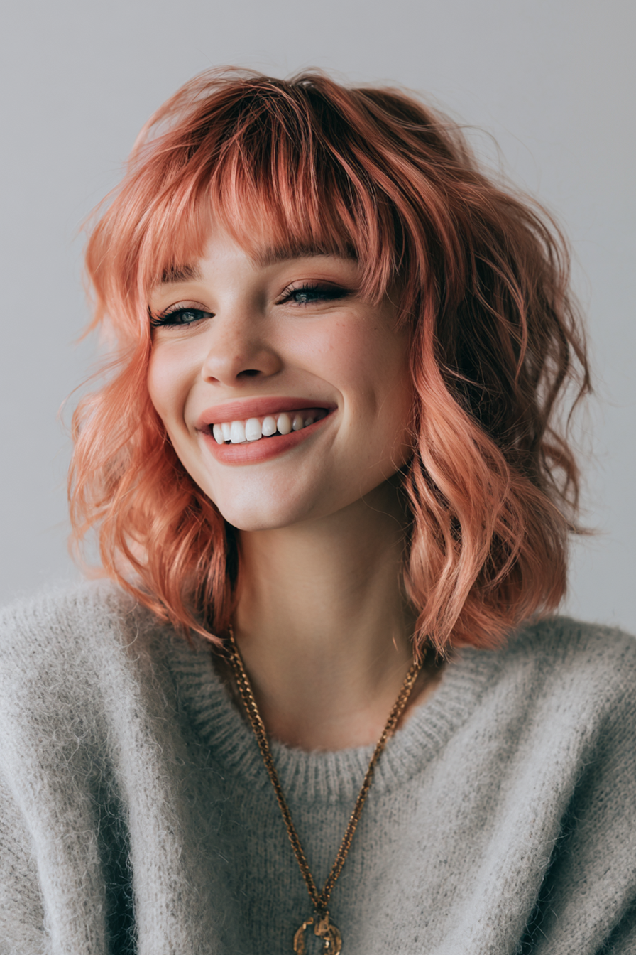 7. Wellenlob mit roségoldenen Pony (lange Bob -Frisuren mit Pony) - Lange Bob -Frisuren mit Pony