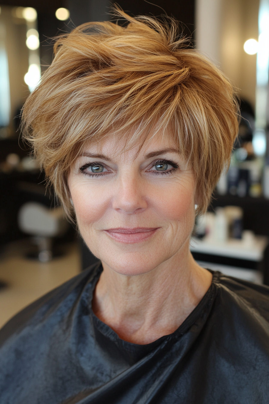 7. Wispy Layered Cut mit honigblonder Mischung (Kurze Wispy-Haarschnitte für ältere Frauen) – Kurze Wispy-Haarschnitte für ältere Frauen