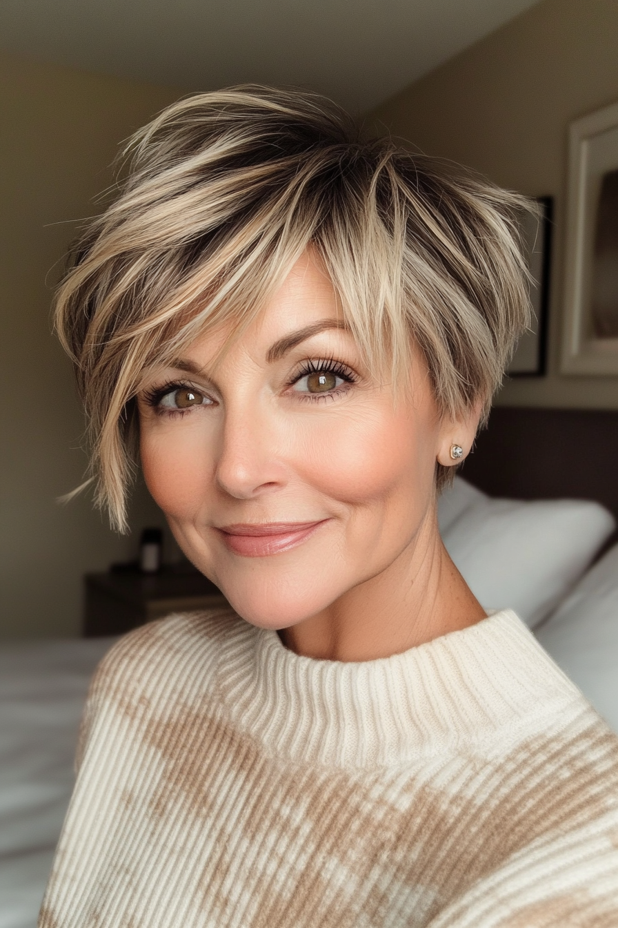 7. Wispy Pixie mit sandigen blonden Highlights (mittlere bis kurze Haarschnitte für Frauen über 50) - mittel- bis kurze Haarschnitte für Frauen über 50