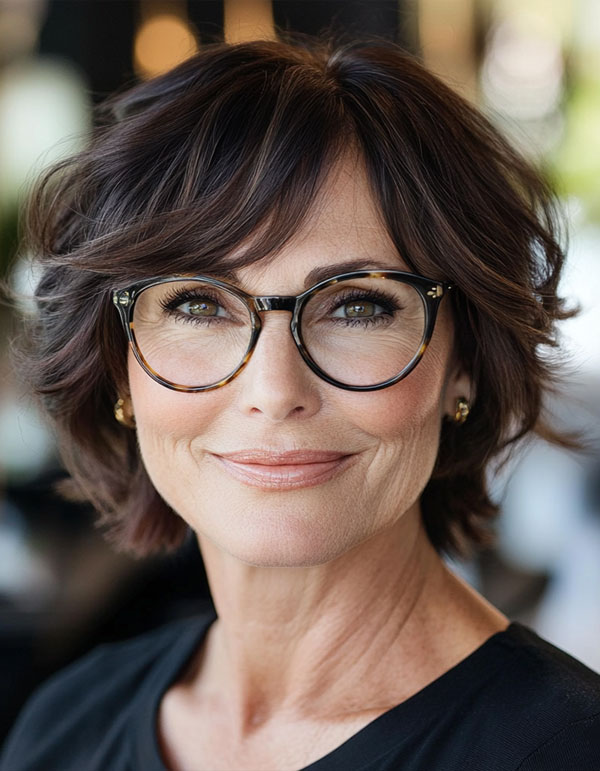 Elegant, zerzaustes Bob mit Side -Feger Pony, kurzer Haarschnitt für Frauen über 60 mit Brille