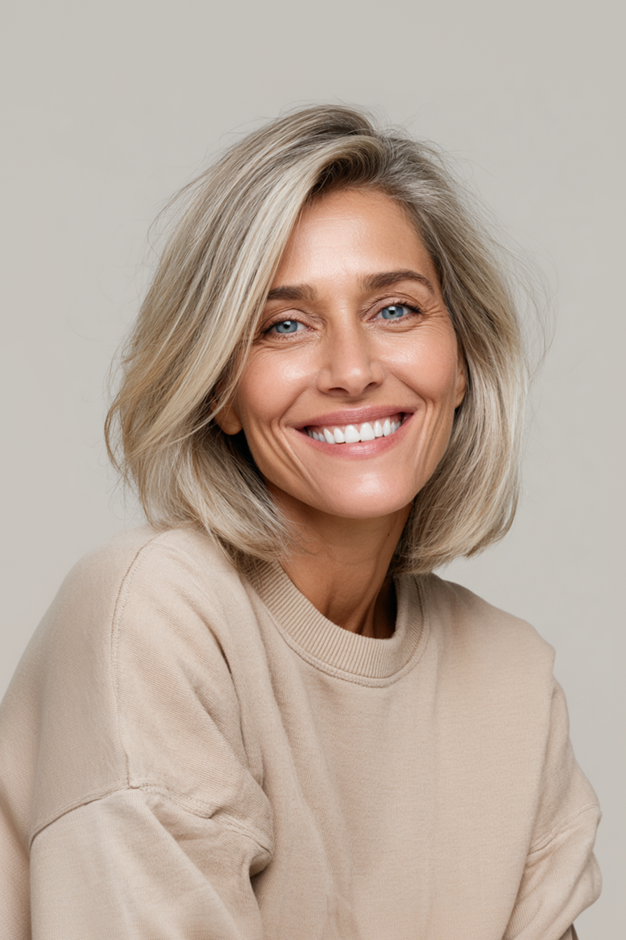 8. Abgled Pearl Blonde Lob (lange Bob -Haarschnitte für Frauen über 50) - lange Bob -Haarschnitte für Frauen über 50