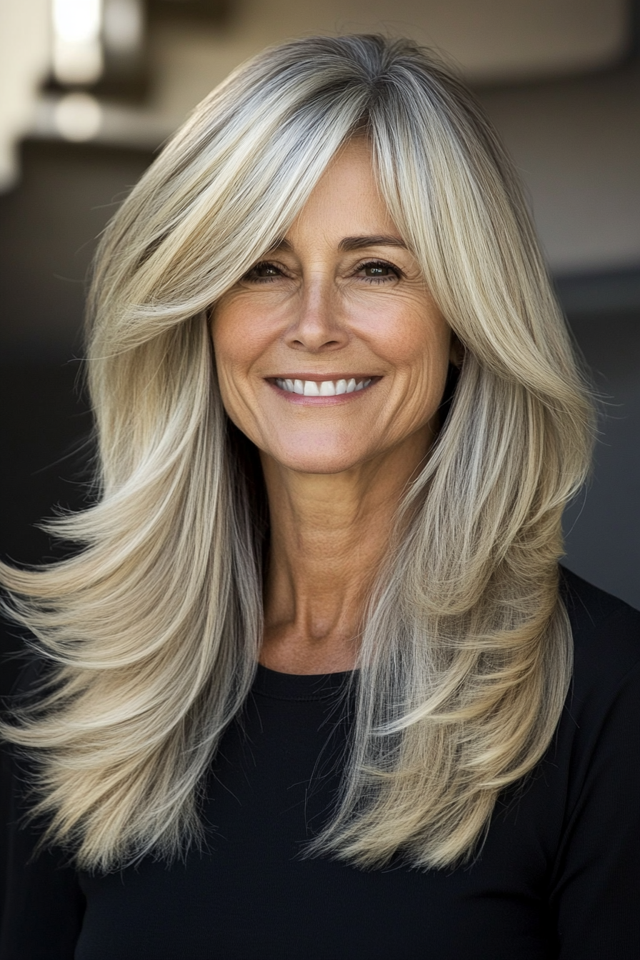 8. Ascheblonde gefiederte Schichten (längere Frisuren für ältere Frauen) - längere Frisuren für ältere Frauen