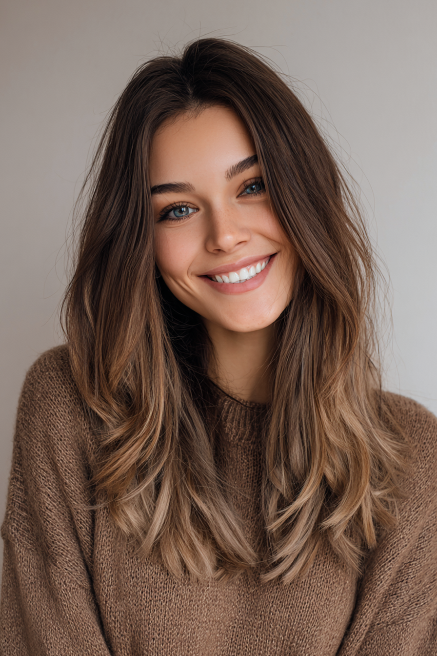 8. Blended Layered Cut mit Mushroom Brown Melt (Haarschnitte für glattes Haar) – Haarschnitte für glattes Haar