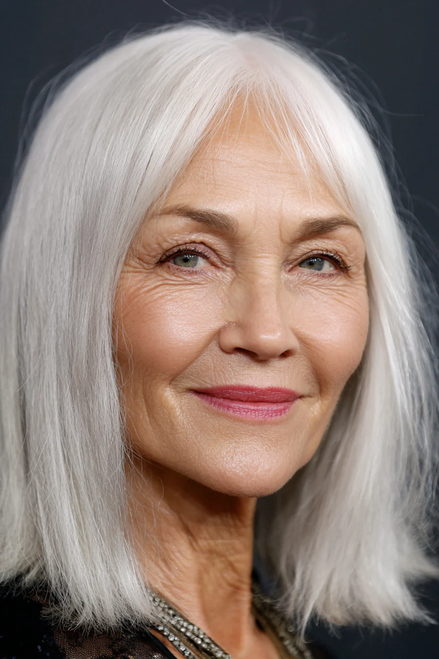 8. Stumpfer Schnitt mit sanftem Elfenbeinweiß (lange Frisuren für Frauen über 60 mit dünnem Haar) – Lange Frisuren für Frauen über 60 mit dünnem Haar