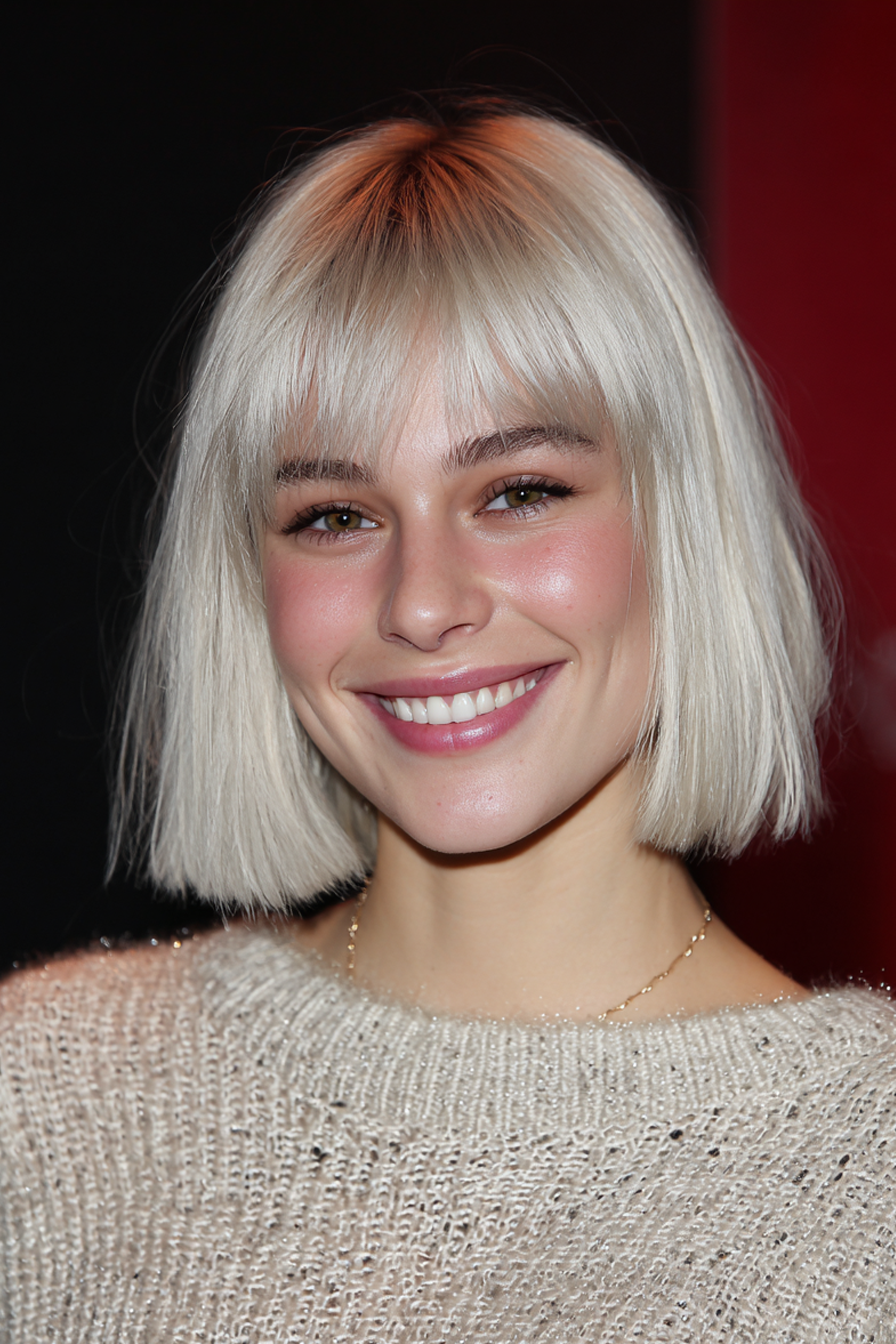 8. Stumpfe Lob mit Platinblond -Fringe (lange Bob -Frisuren mit Pony) - Lange Bob -Frisuren mit Pony