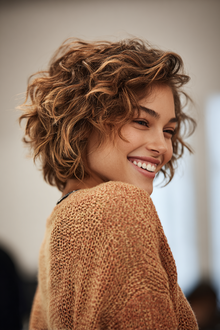 8. Karamell -Highlight Shag Bob (kurze zottelige Haarschnitte für lockiges Haar) - kurze zottelige Haarschnitte für lockiges Haar